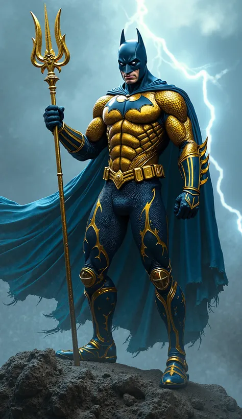 Batman fusion with Aquaman, realistic, 8k, high quality, hyper realistic, Aquaman Golden outfit, Blue rage in Outfit, blue  lightening, blurred background on the top of mountain, stormy weather, he grips a golden trident, Batman dark blue mask