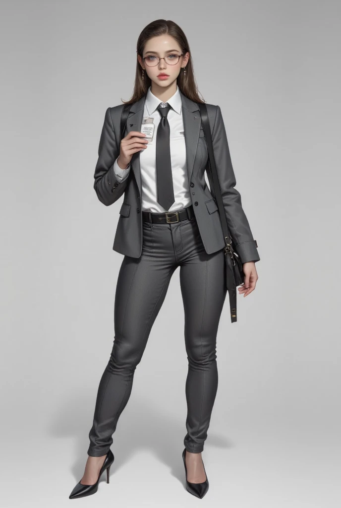  pretty girl, fit,  big hips, Hair tie,  with eyeglasses,  serious facial , Wear a polite gray suit, Bottom image of character , Full body, Hold Zika