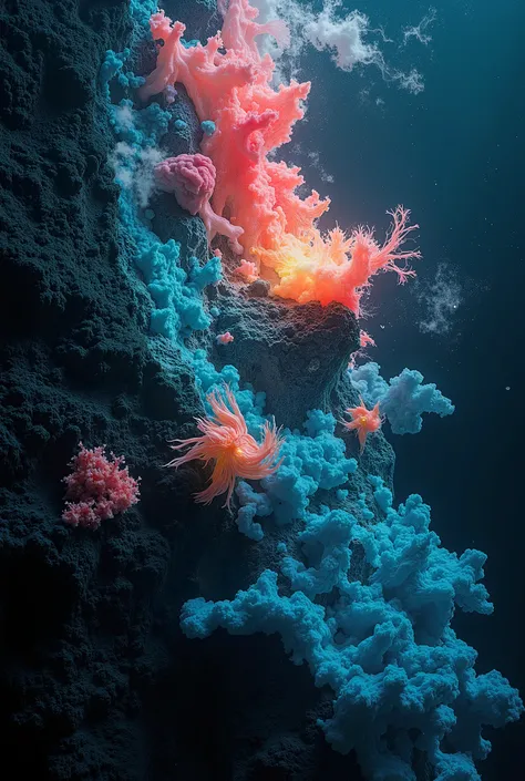 An otherworldly abstract composition inspired by deep-sea bioluminescent organisms colliding with interstellar gas clouds. Use a desaturated color palette of [charcoal black + indigo blue + phosphorescent teal] with sudden bursts of [neon coral pink or sul...