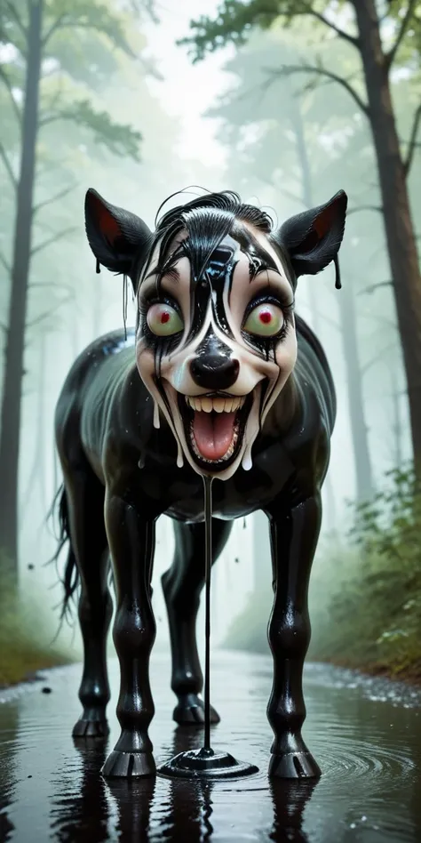 A pony with full black eyes, black squirrels.coated with black liquid. horror