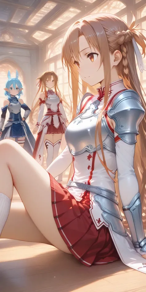   Masterpiece,   top quality,    Details, ((  official style  )), ((( Yuki Asuna,  alone))), /    sword art online  /,   long hair,   brown hair,  Group,   brown eyes,  shoulder out, armor,   breastplate,   white sleeve ,    Detachable Sleeve ,   red skirt...