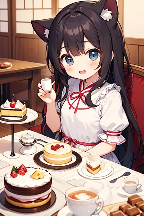  cute女の子、Princess、 cakeを頬張る、 cute、 adorable by design、Young、 Animal Stuffed Toy、 dress、Fluffy、 friendly、 droopy eyes 、 seems happy、 cake、Dessert、Tea Ceremony、smile、 looks delicious、 hair is long、Tea Ceremonyセット、 table、chair