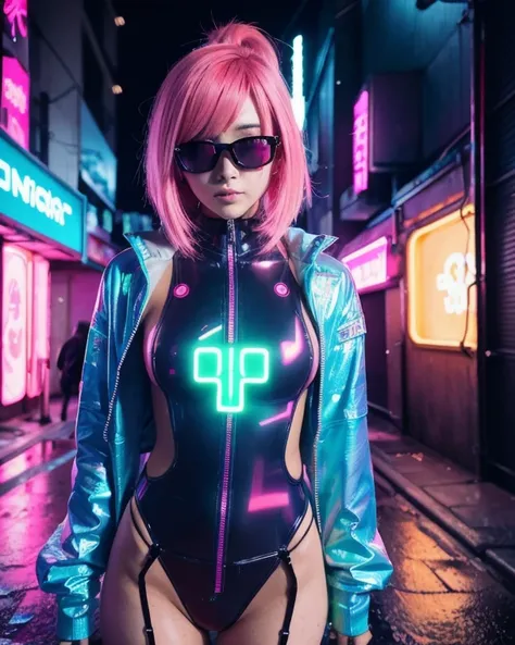 A skilled female hacker with vibrant neon-pink hair, sporting mirrored sunglasses and a futuristic bodysuit with glowing circuits. She’s working on a holographic interface in a gritty, rain-soaked alleyway of Neo-Tokyo.Cyberpunk, realistic with exaggerated...