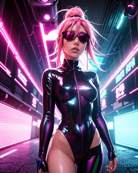 A skilled female hacker with vibrant neon-pink hair, sporting mirrored sunglasses and a futuristic bodysuit with glowing circuits. She’s working on a holographic interface in a gritty, rain-soaked alleyway of Neo-Tokyo.Cyberpunk, realistic with exaggerated...