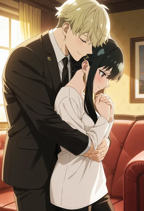 masterpiece, best quality, amazing quality, anime screencap. BREAK. Yor Forger, Loid Forger, Spy x Family, 1boy, 1girl, hug from behind, back hug, affectionate, smiling, closed eyes, blush, holding hands, wedding ring, black hair, short hair, red eyes, sui...