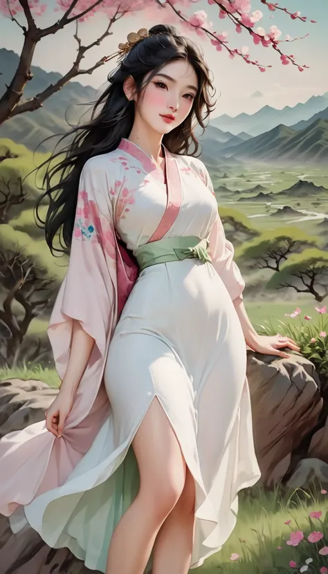 intense ink painting、 A Beautiful Woman 、 perfect style with both legs、Long, flowing black hair、 pretty brown eyes、 pink lips、A gentle face、 very beautiful、 look at me and smile、flowing white long dress 、Barefoot、beautiful mountain waves 、 Rock Field、big t...