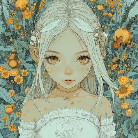 Highest quality and highly detailed, (symbolism, transparent presence reminiscent of Baudelaire's poems), a beautiful ultra-realistic digital illustration of a silver-haired girl. Shoulder-length medium hair, facial expressions staring at the viewer: 1.23,...