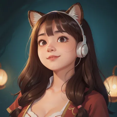  1 Girl , long hair, , , light brown hair, Shawl hair , , 中等long hair,  swaying hair, Bangs, Chest, Big breasts,  cat earphones ,  tired eyes ,, Black pupil,嘴唇微張, Tiger Teeth, Smile,, , Raise eyebrows,Top of the eyebrow ,  lower eyebrows, Rub your eyes hig...