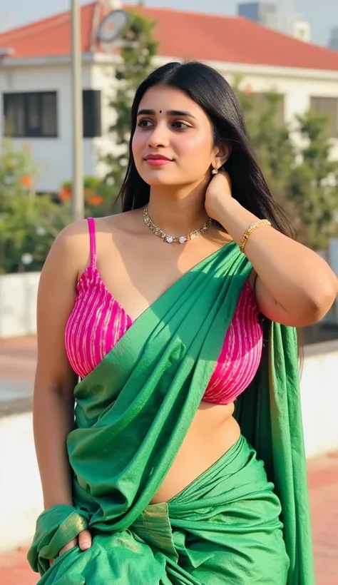 An ultra lavish Punjabi wedding scene, A ultra sexy Indian punjabi supermodel wife with a huge round shining hanging and long cleavage line visible in a sexy folded green saree & pink single stripe bra. Very Fair skin:1.5, Note: wife should look like "Movi...