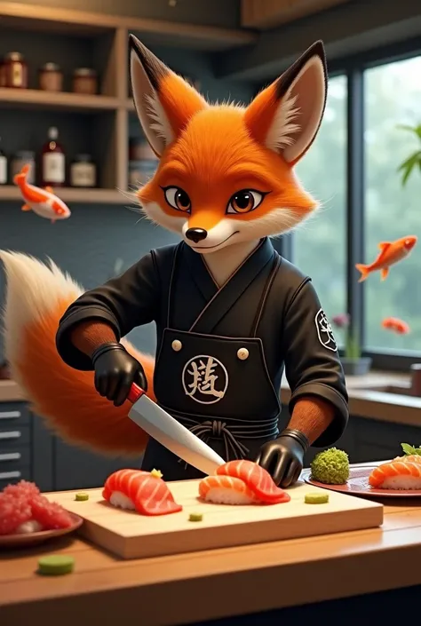 
Generate a hyper-realistic, cinematic image of an anthropomorphic fox, named Renji, specializing in creating exquisite sushi in a sleek, modern sushi bar. Renji is dressed in a crisp, black chef’s coat with a traditional Japanese apron adorned with intric...