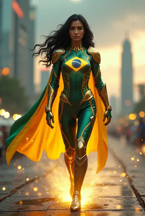 A Brazilian superhero girl strides forward with commanding presence, her futuristic battle suit shimmering in green, yellow, and deep blue hues. Gold filigree patterns trace across her armored shoulders and gauntlets, pulsating with energy. The stars from ...