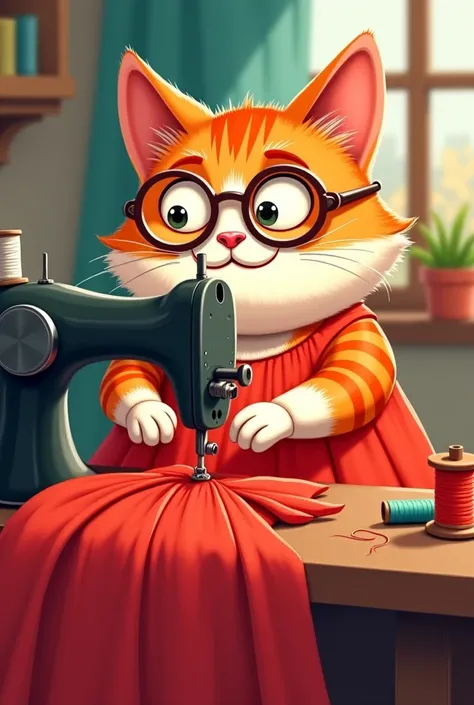 A cartoon red and white granny cat with glasses sits at home at a sewing machine and sews a long red skirt