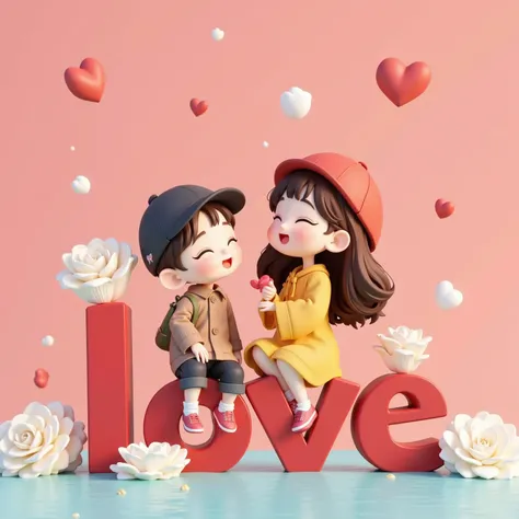 3D art illustration, a young and lovely Asian couple sitting on a large 3D Love graphic, the picture is warm and happy, the couple sitting on the Love graphic, looking at each other affectionately, feeling very happy, clay style, floating roses, background...