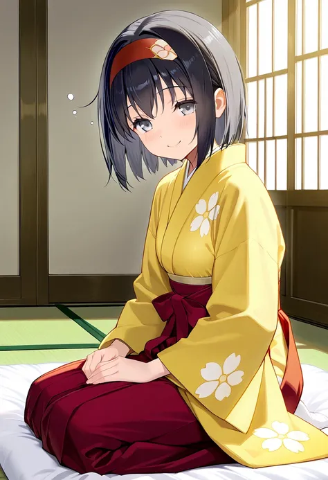 1girl, sitting, seiza, facing viewer, from side, BREAK zzErika, grey eyes, short black hair, yellow kimono, Japanese clothes, hakama, red hairband, floral pattern, smile, (sleepy:0.9), BREAK detailed background, japanese-style room, tatami, BREAK (best qua...