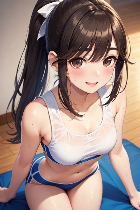 Takane Manaka, shiny brown long hair, ponytail with white ribbon, beautiful brown eyes, smiling face, sparkling pupils, (fine grain), highly detailed eyes, highly detailed face, highly detailed eyes,, (masterpiece:1.2, best quality), 1 girl, cowboy shot,, ...