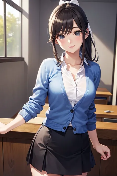 Takane Manaka, shiny brown long hair, ponytail with white ribbon, beautiful brown eyes, smiling face, sparkling pupils, (fine grain), highly detailed eyes, highly detailed face, highly detailed eyes,, (masterpiece:1.2, best quality), 1 girl, cowboy shot,, ...