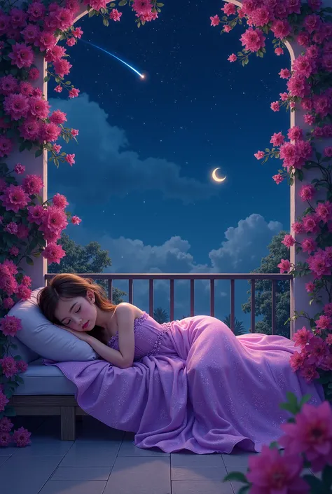 A girl with purple glamours frock sleeping on terrace surrounded with boganvila flowers watching the sky filled with stars and a shooting star with glowing moon