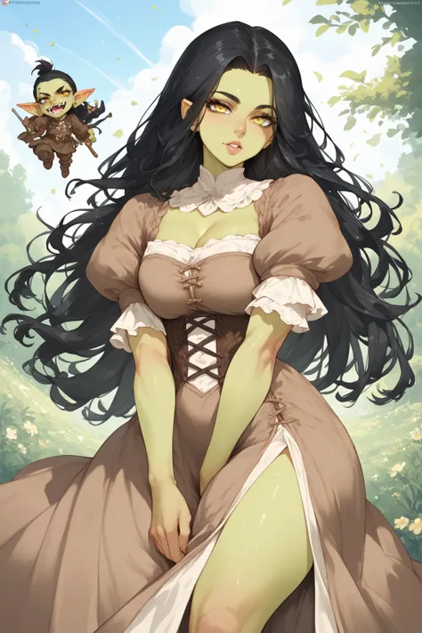 Woman,green skin, yellow eyes, goblin, small, anime style, black hair, black hair,Long hair,Brown medieval dress,