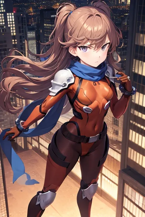 ((best quality)), ((masterpiece)), (detailed), 1 girl, young adult, purple eyes, serious face, long blue scarf, brown hair, long hair, wavy hair, bangs, brown neck, somewhat short, very thin, spikes on forearms, brown details, large brown welder gloves, br...