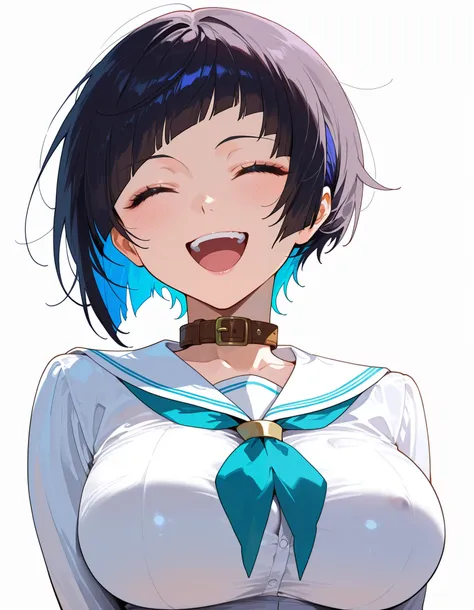 score_9, score_8_up, score_7_up, masterpiece, ultra-detailed, Anime Style, Flat design, pretty eyes, 1Girl, skinny, Black Hair, Blue Inner hair, Very short hair, diagonal bangs, short bangs, BIG breasts, ((thin thighs)), WHITE serafuku, long sleeves, BROWN leather collar, (impossible clothes, impossible breasts), HAPPY, laughing with closed eyes, Break, portrait, Simple background, WHITE background , ((lighting face))
