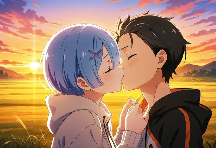 masterpiece, best quality, amazing quality, anime screencap. BREAK. Rem_(Re:Zero), Natsuki_Subaru, Rem_and_Subaru, kiss, sunset, open_field, cinematic, Re:Zero, Re:Zero_-_Starting_Life_in_Another_World, sunset_background, romantic_scene, couple, anime_styl...