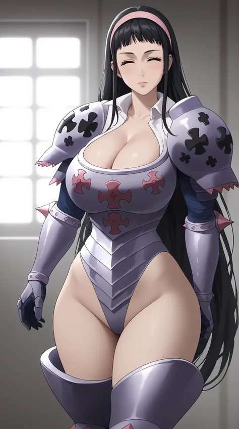 ((((1girl)))), (((slutty leotard armor, cleavage))), ((sexy pose, posing, showing off elegance)), (huge breasts, big butt, wide hips), guila, long hair, black hair, very long hair, closed eyes, hairband, pink hairband, intricate detail, hyper-anime, trendi...