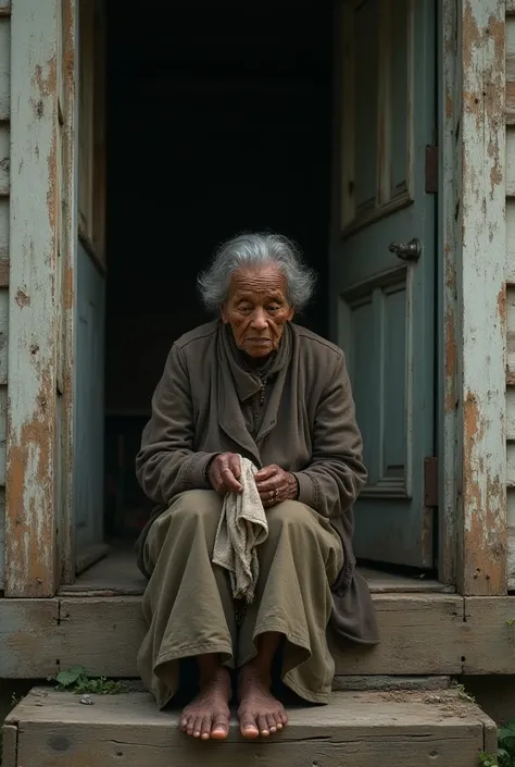 An elderly black woman with a handkerchief and a rosary in her hand sitting on an old bench at the entrance of a door of an old house 