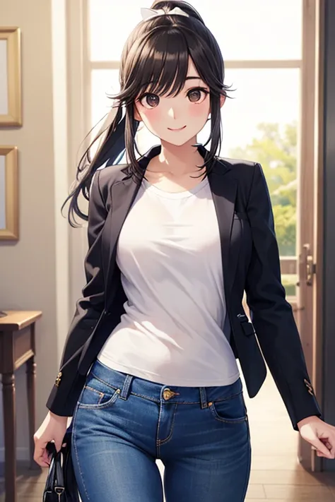 Takane Manaka, shiny brown long hair, ponytail with white ribbon, beautiful brown eyes, smiling face, sparkling pupils, (fine grain), highly detailed eyes, highly detailed face, highly detailed eyes,, (masterpiece:1.2, best quality), 1 girl, cowboy shot,, ...