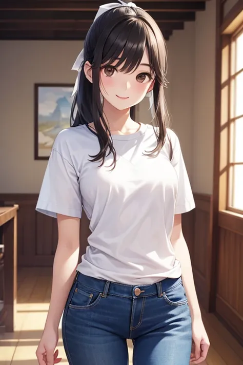 Takane Manaka, shiny brown long hair, ponytail with white ribbon, beautiful brown eyes, smiling face, sparkling pupils, (fine grain), highly detailed eyes, highly detailed face, highly detailed eyes,, (masterpiece:1.2, best quality), 1 girl, cowboy shot,, ...