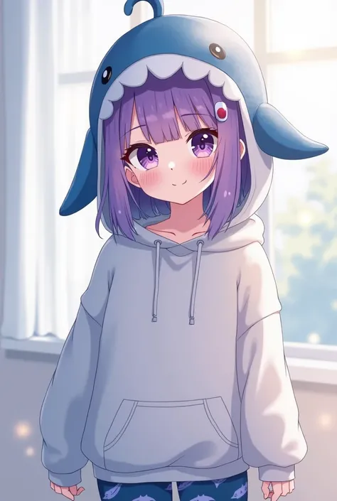 Girl anime character with purple hair wearing a hoodie, whale hat, and dolphin pants