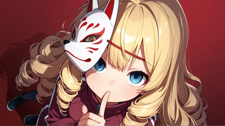 ultra-detailed, detailed face, close-up portrait, BREAK focus on face, dynamic angle, dutch angle shot, (looking at viewer), 

Solo, Drill Hair, blonde, Long Hair, a girl, blue eyes, slant eyes, narrow eyes, face on white fox mask, wearing maroon long slee...