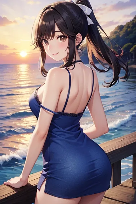 Takane Manaka, shiny brown long hair, ponytail with white ribbon, beautiful brown eyes, smiling face, sparkling pupils, (fine grain), highly detailed eyes, highly detailed face, highly detailed eyes,, (masterpiece:1.2, best quality), 1 girl, cowboy shot,, ...