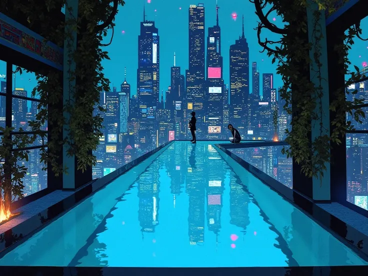  cyberpunk,  neon blue,  Future City, glass pool, Clear water, reflection, City Light,  photorealistic, Sense of luxury, AI design , SF