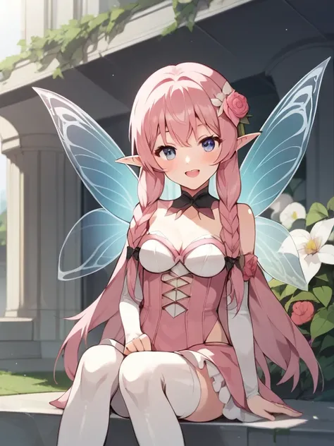  score_9,  score_8_ up the side,  score_7_ up the side, zPDXL3, ,Anime，nsfw，  uncensored，  A young and beautiful fairy with a smile , Flowing,  metallic pink hair that reaches the knee ,  hair braided in many parts .  fairies have whitish pink skin and 「’」...