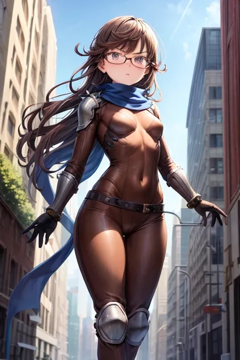 ((best quality)), ((masterpiece)), (detailed), 1 girl, young adult, purple eyes, serious face, long blue scarf, brown aviator helmet with small spikes, welder glasses, brown hair, long hair, wavy hair, bangs, brown neck, somewhat short, very thin, spikes o...