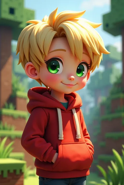 Make a blond skin with green eyes and with a red hoodie Cartoon Minecraft version 