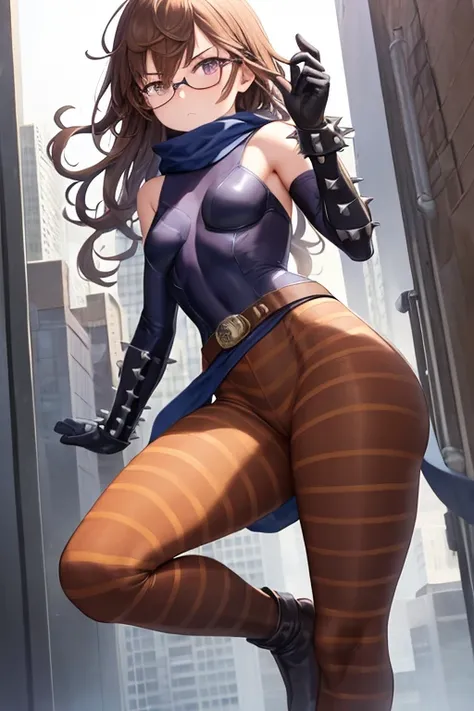 ((best quality)), ((masterpiece)), (detailed), 1 girl, young adult, purple eyes, serious face, long blue scarf, brown aviator helmet with small spikes, protector glasses, brown hair, long hair, wavy hair, bangs, brown neck, somewhat short, very thin, spike...