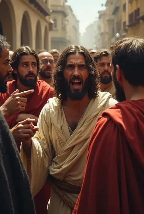 Plan serré sur un groupe de pharisiens et de soldats romains criant et pointant du doigt Jesus. Leur regard est rempli de haine et de mépris. Jesus, silencieux, les regarde avec douceur et dignité.