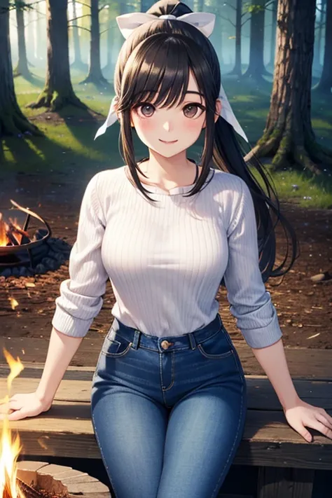 Takane Manaka, shiny brown long hair, ponytail with white ribbon, beautiful brown eyes, smiling face, sparkling pupils, (fine grain), highly detailed eyes, highly detailed face, highly detailed eyes,, (masterpiece:1.2, best quality), 1 girl, cowboy shot,, ...