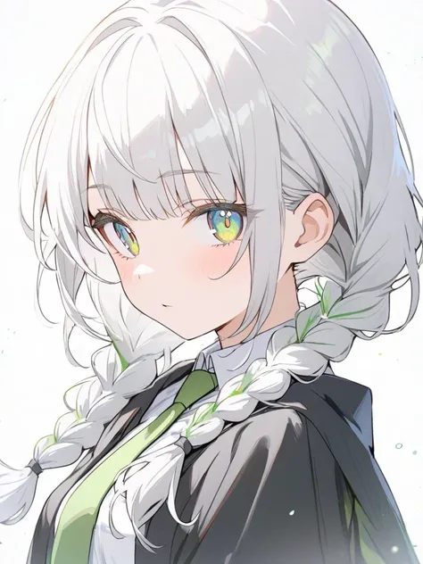 1 girl, bangs, twin braids, silver hair, emerald eyes, white shirt, green necktie, black robe