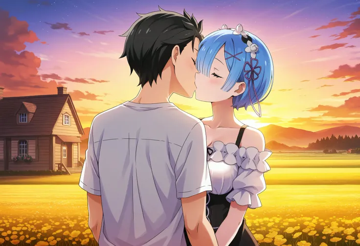 masterpiece, best quality, amazing quality, anime screencap. BREAK. Rem_(Re:Zero), Natsuki_Subaru, Rem_(Re:Zero)_and_Natsuki_Subaru, kiss, field, sunset, simple_wooden_house, cinematic_scene, casual_clothing, outdoors, couple, romantic, Re:Zero, anime, sun...