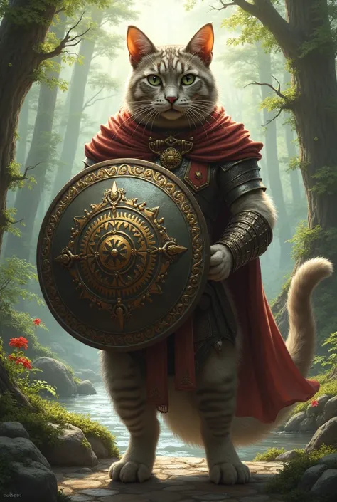 Give me pictures of a cat wearing a shield 