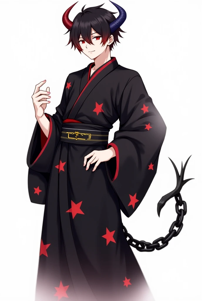 A male. Slightly muscular but not too much. His age is 22+. Black hair with red bangs, His right eye has a black band and his left eye is black. Wearing a long kimono. Kimono is black with red star pattern. Has 2 demon horns. One of his horns is short and ...