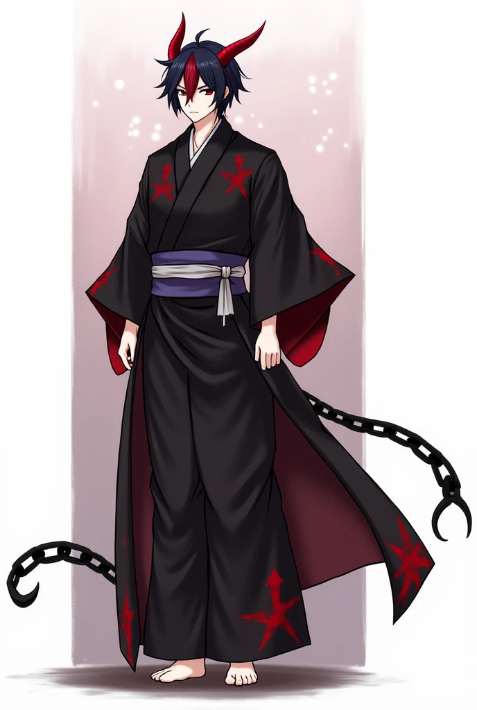 A male. Slightly muscular but not too much. His age is 22+. Black hair with red bangs, His right eye has a black band and his left eye is black. Wearing a long kimono. Kimono is black with red star pattern. Has 2 demon horns. One of his horns is short and ...