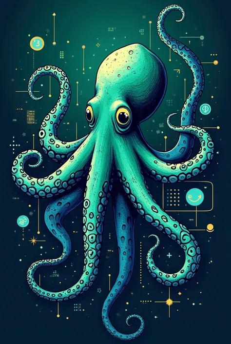  create a t-shirt print in png format that I can download to customize with the following characteristics :
 Main colors with green gradient , Aqua and blue ;
 octopus as the main character ,  with several tentacles touching computers as if software ;
 Ima...