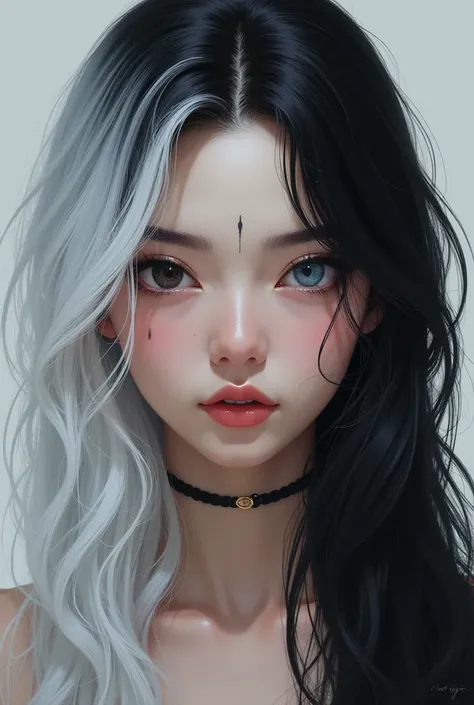 Create a feminine look with different colored eyes ; , the right black and the left light blue ,  who has long black and white hair with a mole near the eyebrow 