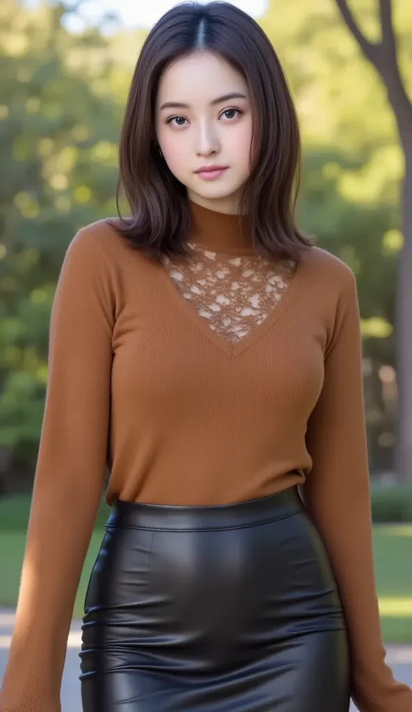 Digital portrait, capturing the timeless elegance and grace of a young woman wearing a leather skirt, lace top, expressive eyes, black long hair, whimsical, outdoor