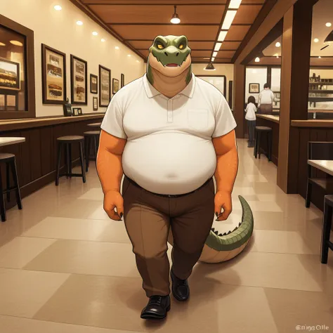 obra maestra,  best quality photo,  amazing quality, Alone , 1 adult, dingodile , he is fat, has, Dingo head with crocodile snout,  crocodile tail ,  tight brown pants , inside a cafe restaurant, walking, 