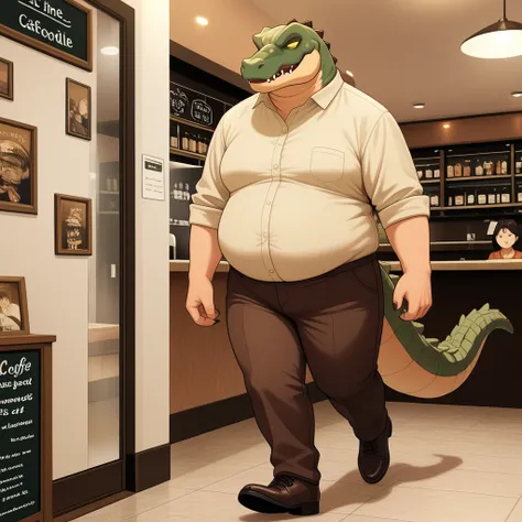 obra maestra,  best quality photo,  amazing quality, Alone , 1 adult, dingodile , he is fat, has, Dingo head with crocodile snout,  crocodile tail ,  tight brown pants , inside a cafe restaurant, walking, 