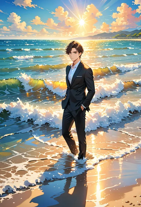 (masterpiece, Best Quality:1.2), One Man、(side), Brown eyes, Beautiful Face, beautiful eyes, Black Suit、Backlight, Standing on the beach, (sea, Shining Water Surface), Wave, Summer pier landscape background, Vibrant colors, Bright sunlight, 8k, Ultra HD